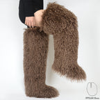 IPPEUM Dark Brown Mongolian Fur Boots 72CM Thigh High Boots Shoes Winter Plus Size 46