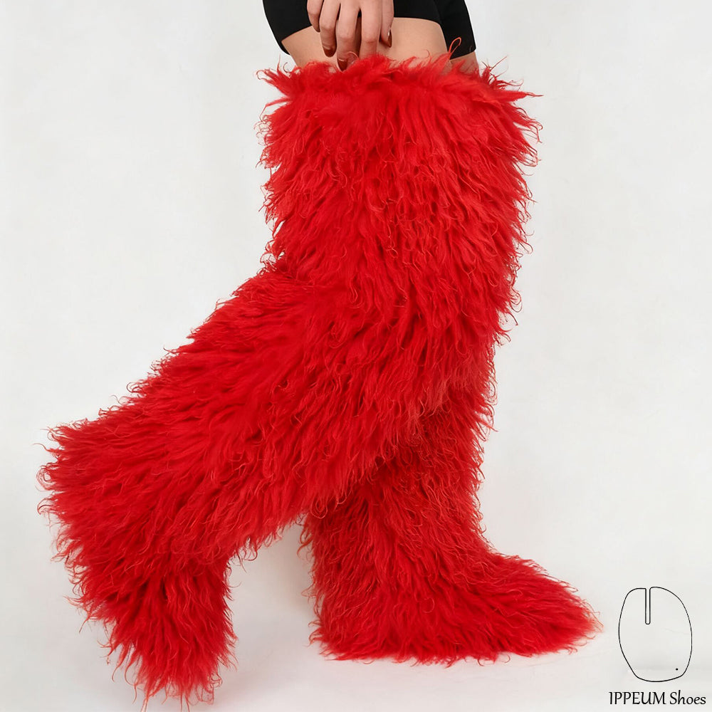 IPPEUM Red Mongolian Fur Boots 72CM Thigh High Boots Shoes Winter Plus Size 46