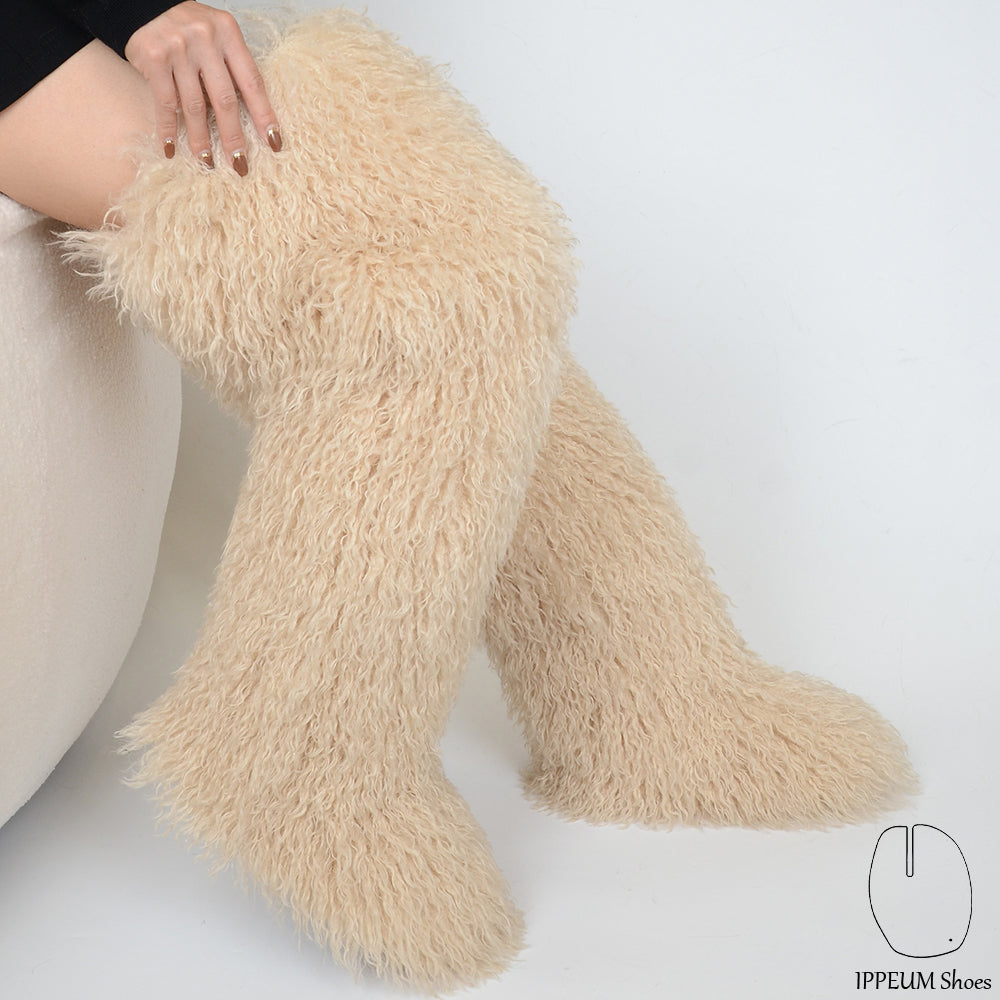 IPPEUM Nude Mongolian Fur Boots 72CM Thigh High Boots Shoes Winter Plus Size 46