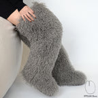 IPPEUM Grey Mongolian Fur Boots 72CM Thigh High Boots Shoes Winter Plus Size 46