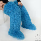 IPPEUM Blue Mongolian Fur Boots 72CM Thigh High Boots Shoes Winter Plus Size 46