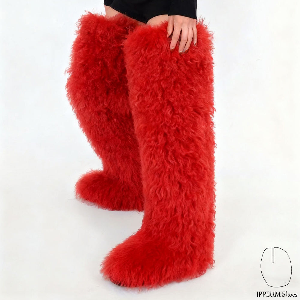 IPPEUM Red Mongolian Fur Boots 72CM Thigh High Boots Shoes Winter Plus Size 46