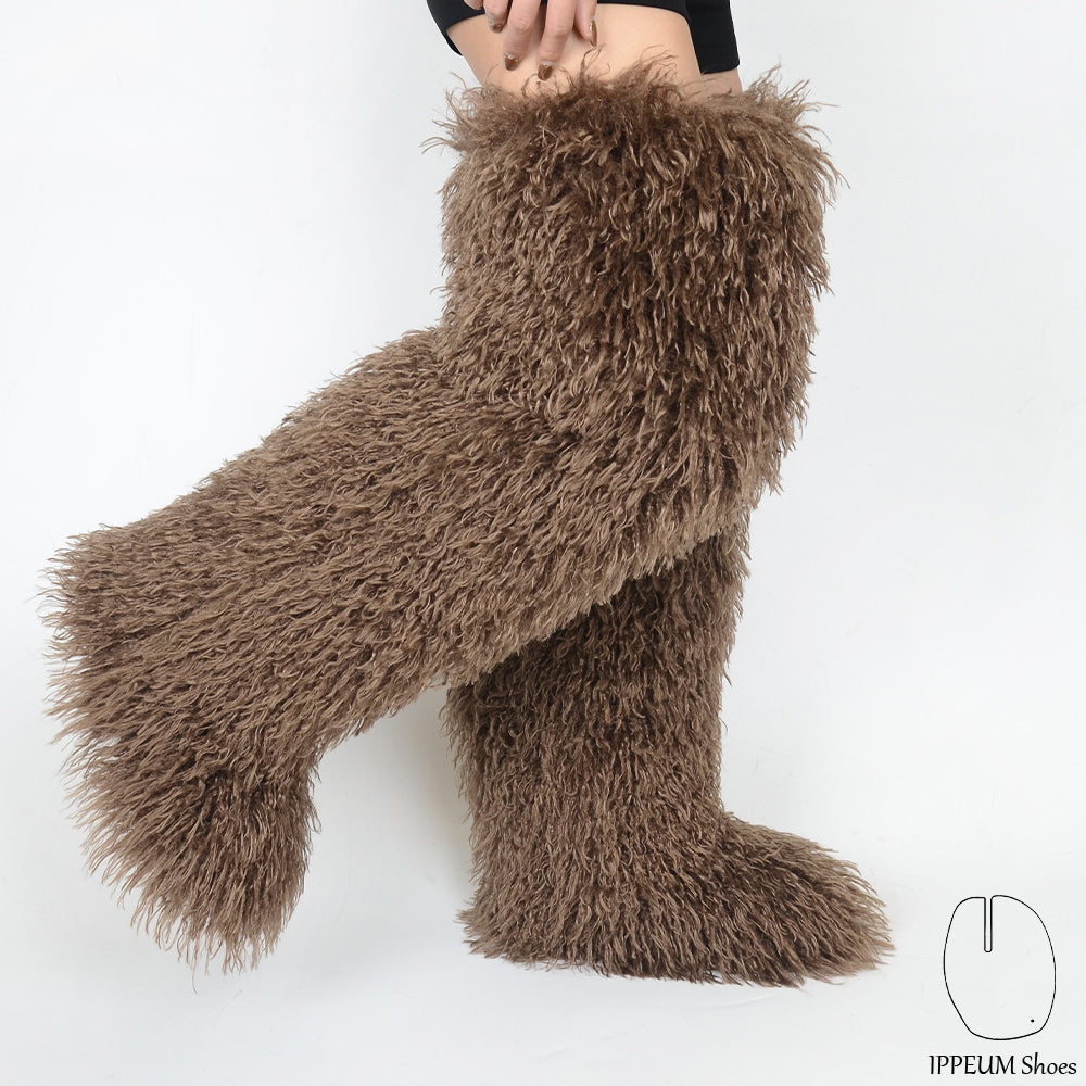 IPPEUM Dark Brown Mongolian Fur Boots 72CM Thigh High Boots Shoes Winter Plus Size 46