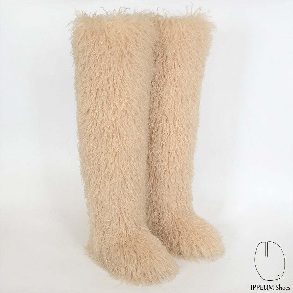 IPPEUM Nude Mongolian Fur Boots 72CM Thigh High Boots Shoes Winter Plus Size 46