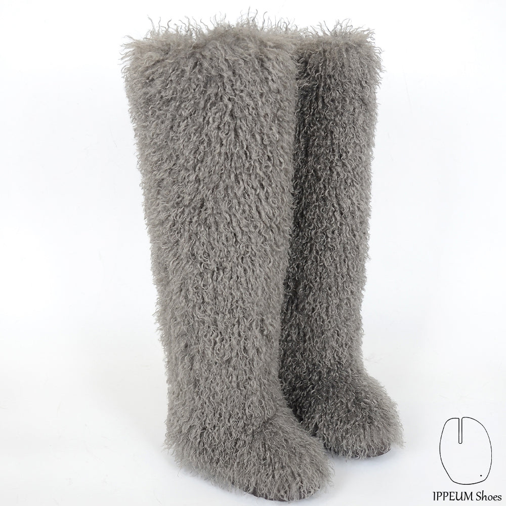 IPPEUM Grey Mongolian Fur Boots 72CM Thigh High Boots Shoes Winter Plus Size 46