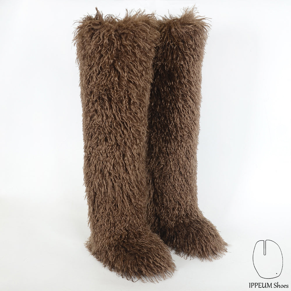 IPPEUM Dark Brown Mongolian Fur Boots 72CM Thigh High Boots Shoes Winter Plus Size 46