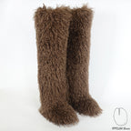 IPPEUM Dark Brown Mongolian Fur Boots 72CM Thigh High Boots Shoes Winter Plus Size 46