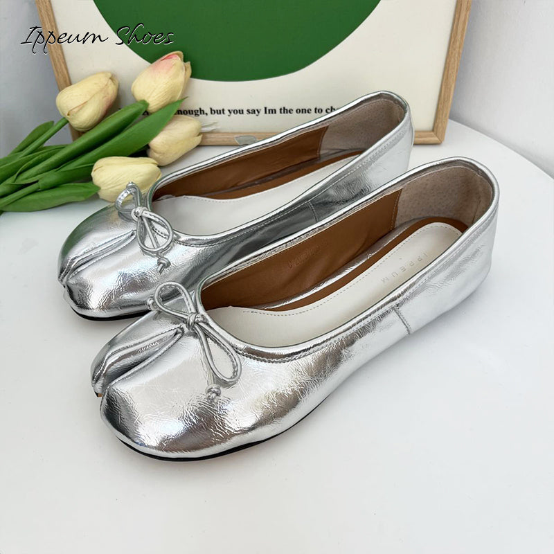 IPPEUM Silver Tabi Shoes Women Ballerinas Flats Mary Janes Size 35-44