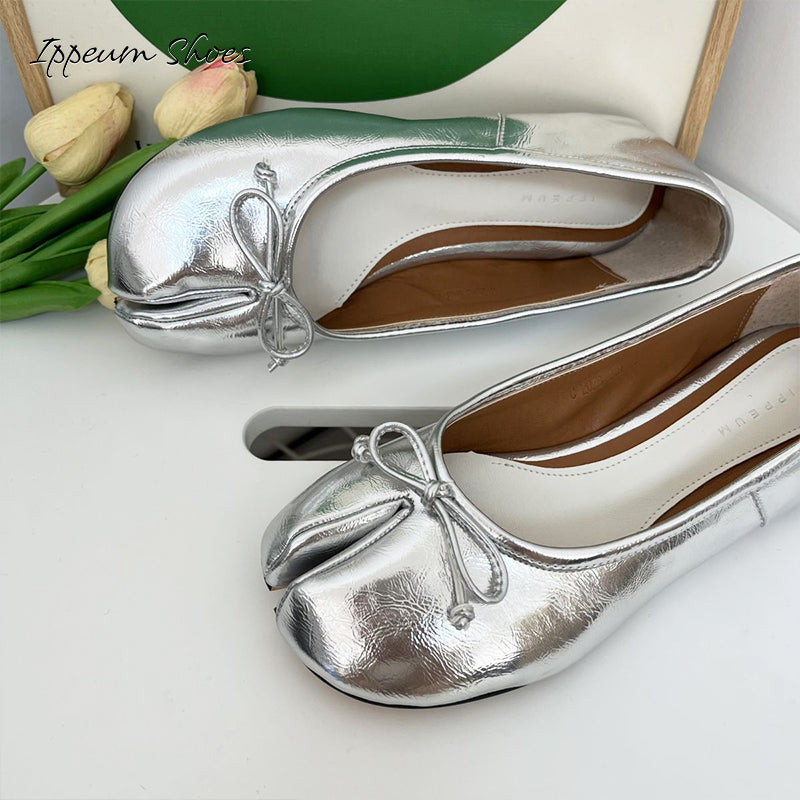 IPPEUM Silver Tabi Shoes Women Ballerinas Flats Mary Janes Size 35-44