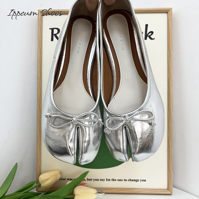 IPPEUM Silver Tabi Shoes Women Ballerinas Flats Mary Janes Size 35-44