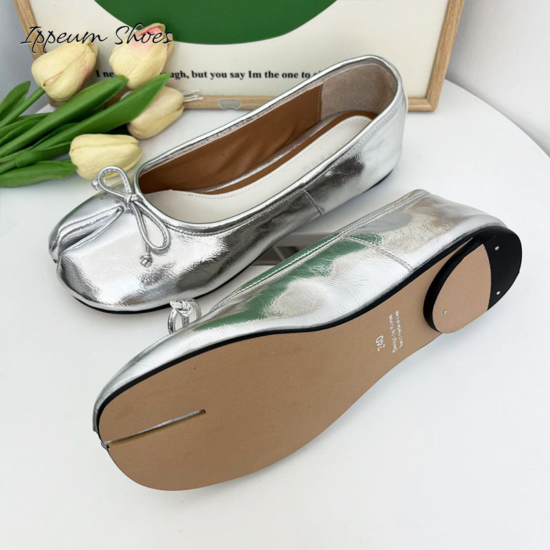 IPPEUM Silver Tabi Shoes Women Ballerinas Flats Mary Janes Size 35-44