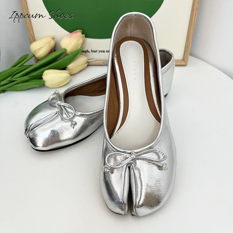 IPPEUM Silver Tabi Shoes Women Ballerinas Flats Mary Janes Size 35-44