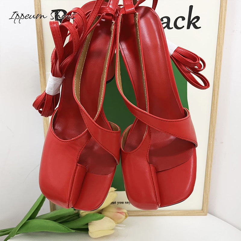 IPPEUM Cross Straps Heels Split Toe Sandals Shoes Wome Size 35-43