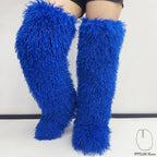 IPPEUM Blue Mongolian Fur Boots 72CM Thigh High Boots Shoes Winter Plus Size 46