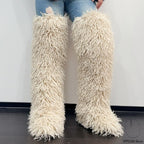 IPPEUM Nude Mongolian Fur Boots 72CM Thigh High Boots Shoes Winter Plus Size 46