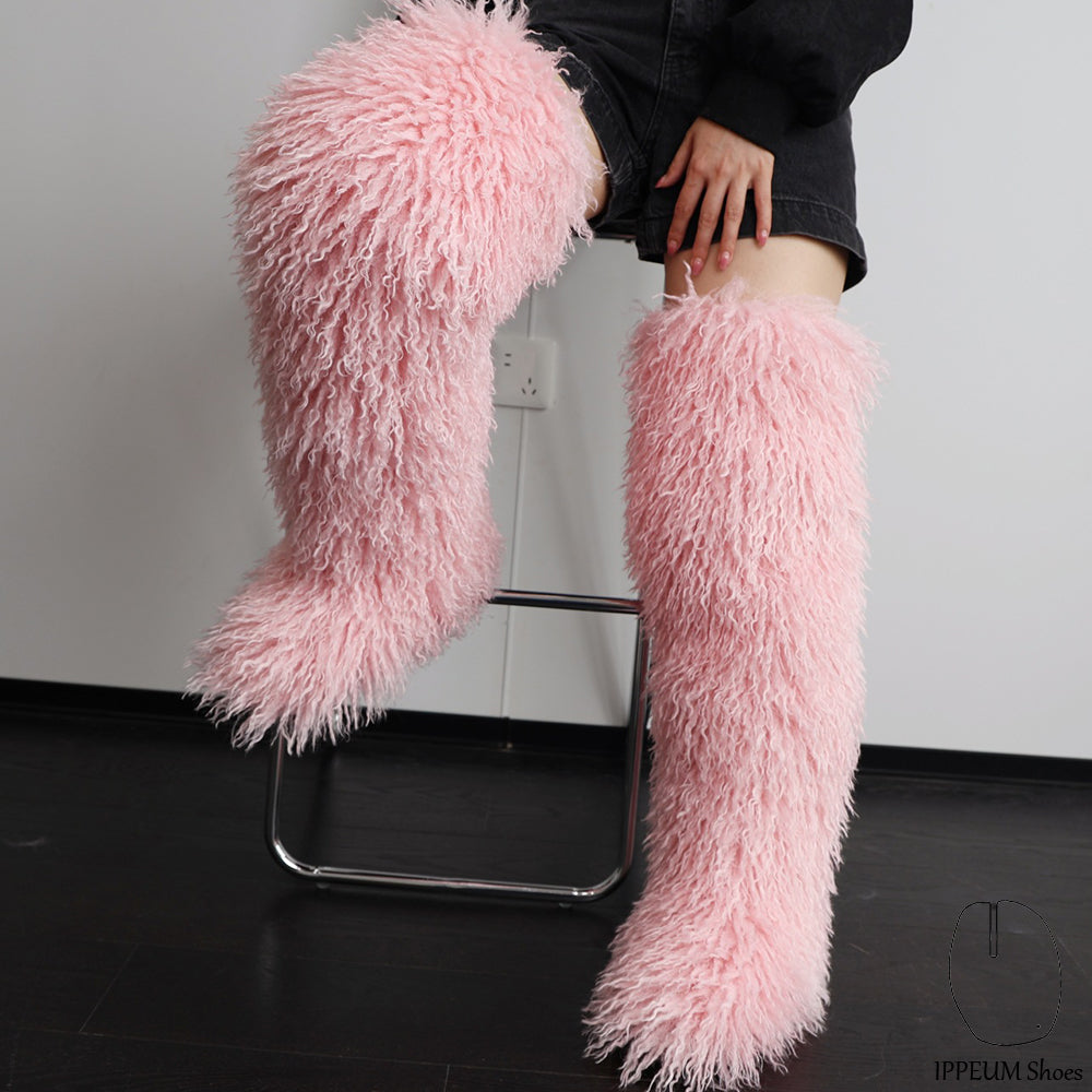 IPPEUM Pink Mongolian Fur Boots 72CM Thigh High Boots Shoes Winter Plus Size 46