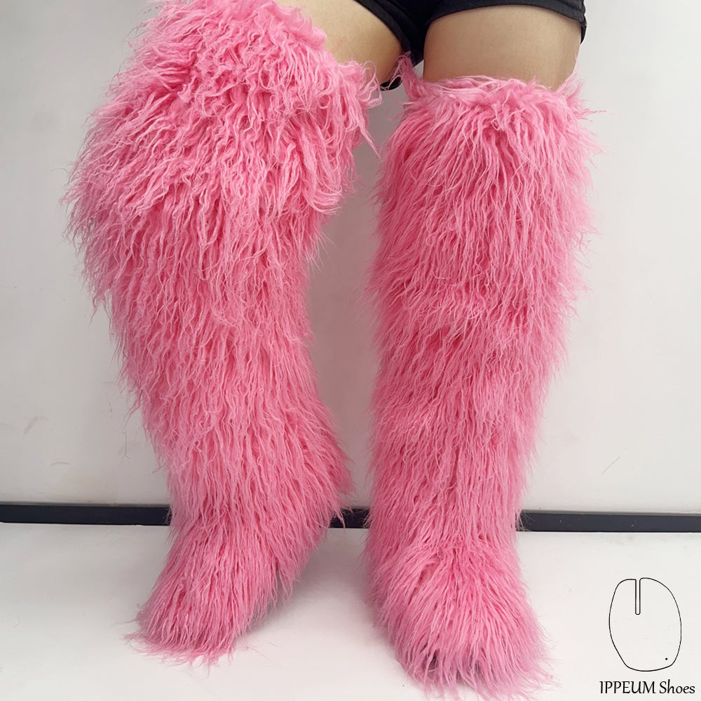 IPPEUM DeepPink Mongolian Fur Boots 72CM Thigh High Boots Shoes Winter Plus Size 46