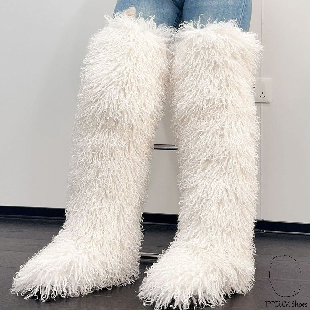 IPPEUM White Mongolian Fur Boots 72CM Thigh High Boots Shoes Winter Plus Size 46
