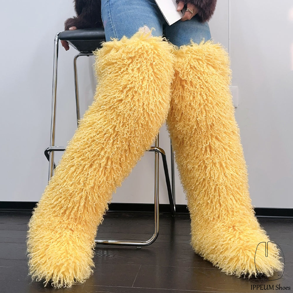 IPPEUM Yellow Mongolian Fur Boots 72CM Thigh High Boots Shoes Winter Plus Size 46