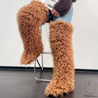 IPPEUM Teddy Bear Brown Mongolian Fur Boots 72CM Thigh High Boots Shoes Winter Plus Size 46