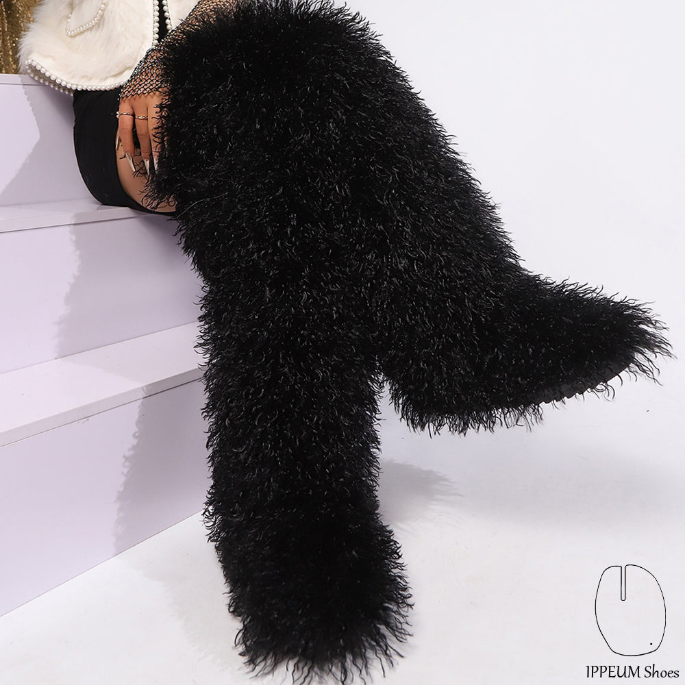 IPPEUM Black Mongolian Fur Boots 72CM Thigh High Boots Shoes Winter Plus Size 46