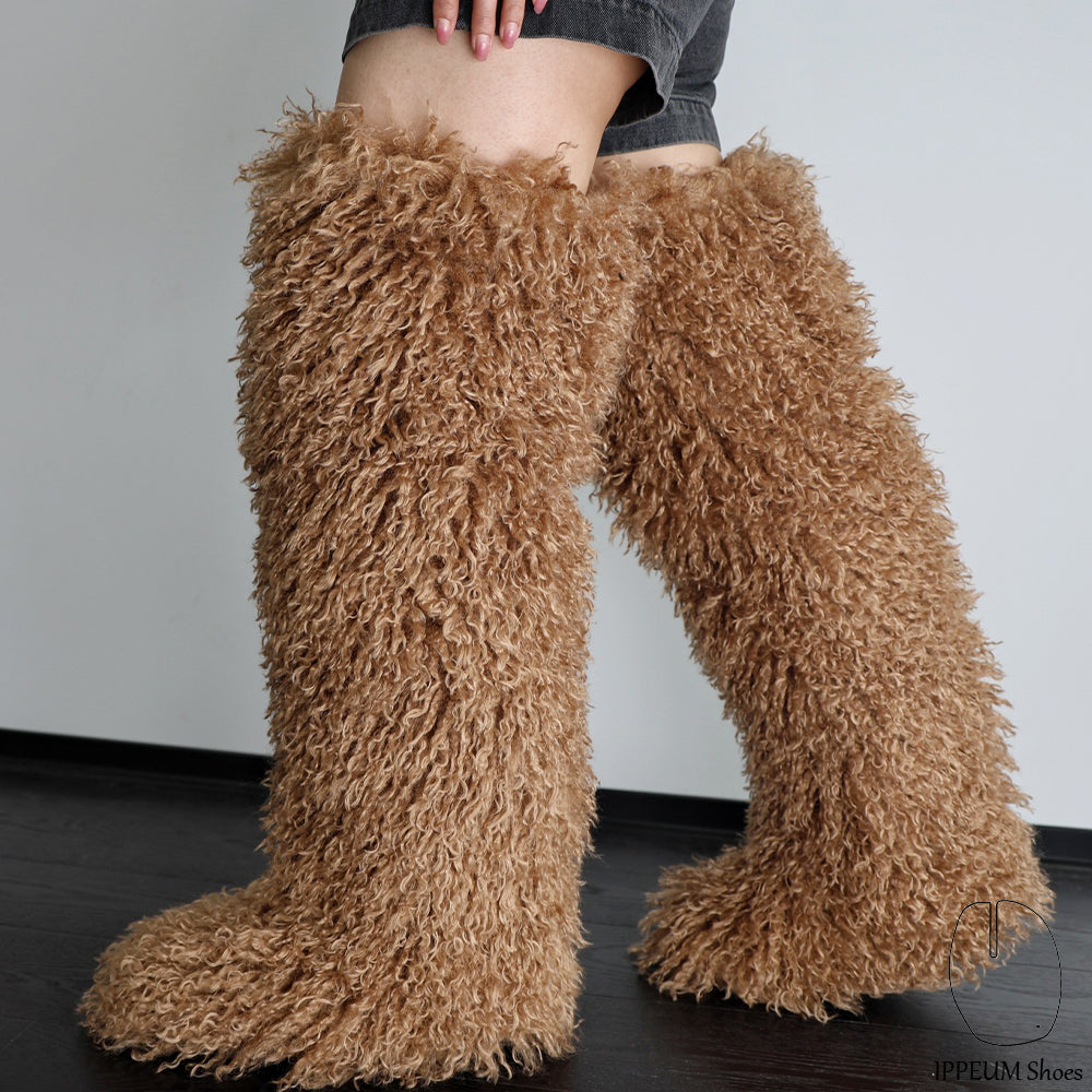 IPPEUM Brown Mocka Mongolian Fur Boots 72CM Thigh High Boots Shoes Winter Plus Size 46