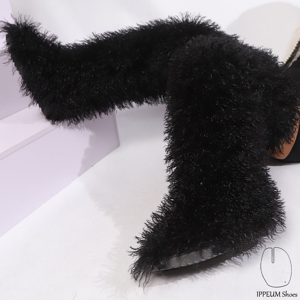 IPPEUM Black Mongolian Fur Boots 72CM Thigh High Boots Shoes Winter Plus Size 46