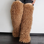 IPPEUM Brown Mocka Mongolian Fur Boots 72CM Thigh High Boots Shoes Winter Plus Size 46