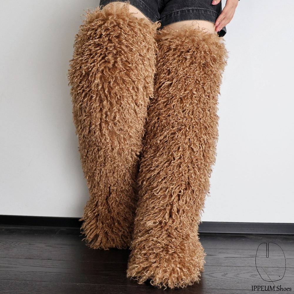 IPPEUM Brown Mocka Mongolian Fur Boots 72CM Thigh High Boots Shoes Winter Plus Size 46