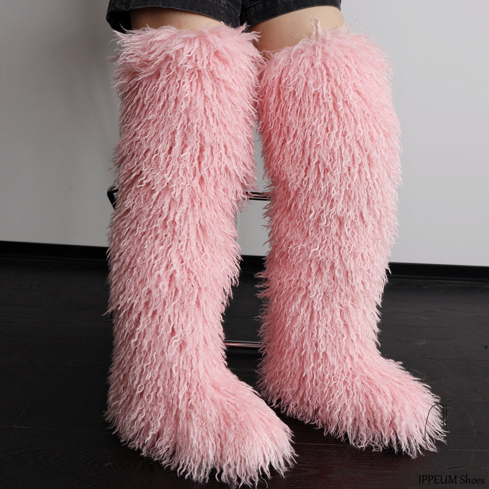 IPPEUM Pink Mongolian Fur Boots 72CM Thigh High Boots Shoes Winter Plus Size 46