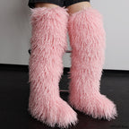IPPEUM Pink Mongolian Fur Boots 72CM Thigh High Boots Shoes Winter Plus Size 46