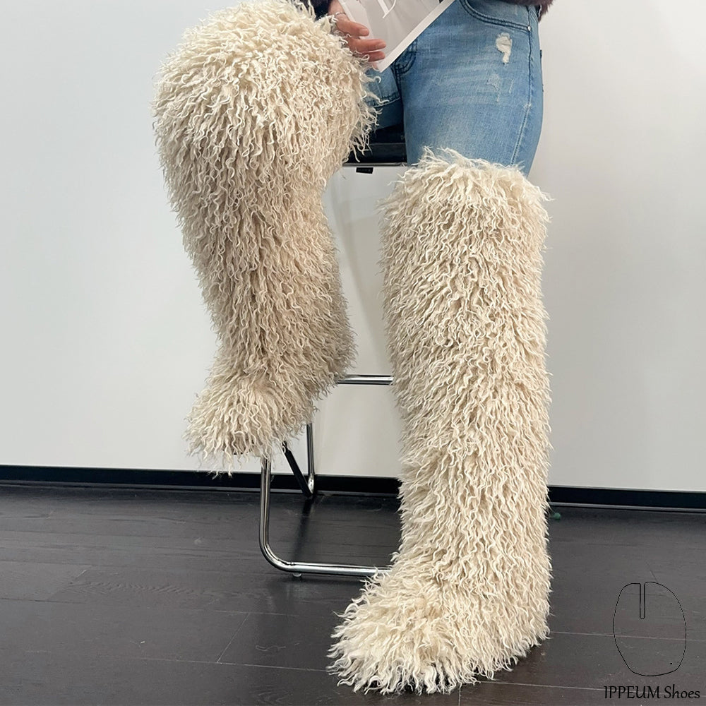 IPPEUM Nude Mongolian Fur Boots 72CM Thigh High Boots Shoes Winter Plus Size 46
