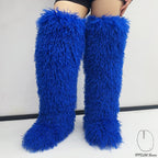 IPPEUM Blue Mongolian Fur Boots 72CM Thigh High Boots Shoes Winter Plus Size 46