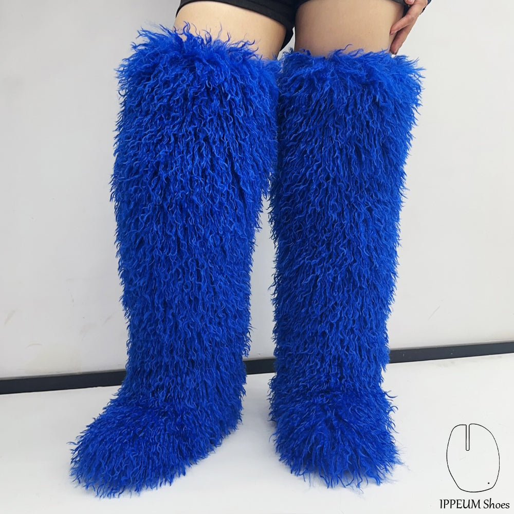 IPPEUM Blue Mongolian Fur Boots 72CM Thigh High Boots Shoes Winter Plus Size 46
