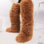 IPPEUM Teddy Bear Brown Mongolian Fur Boots 72CM Thigh High Boots Shoes Winter Plus Size 46