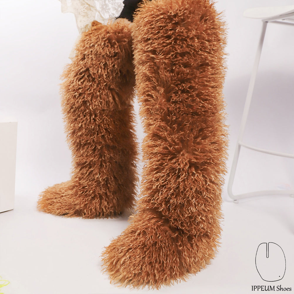 IPPEUM Teddy Bear Brown Mongolian Fur Boots 72CM Thigh High Boots Shoes Winter Plus Size 46