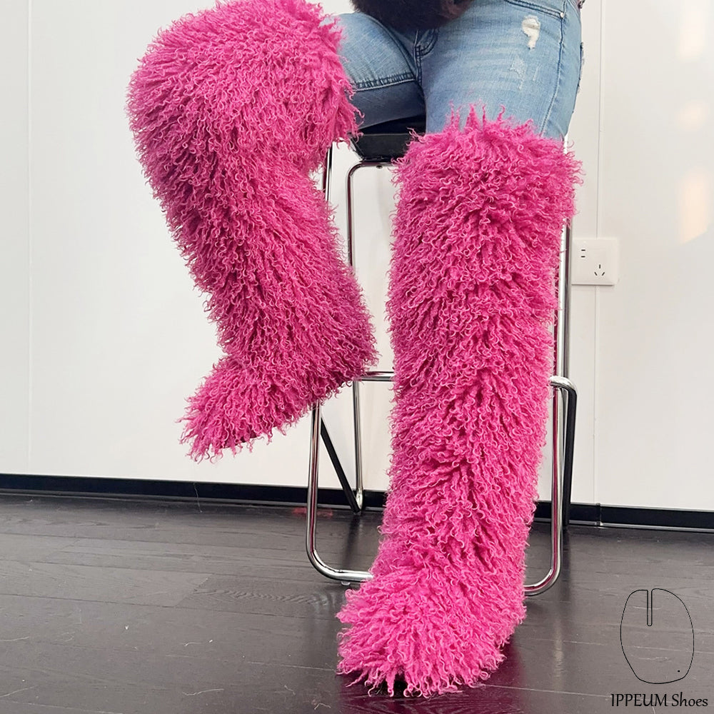 IPPEUM Rosered Mongolian Fur Boots 72CM Thigh High Boots Shoes Winter Plus Size 46