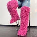 IPPEUM Rosered Mongolian Fur Boots 72CM Thigh High Boots Shoes Winter Plus Size 46