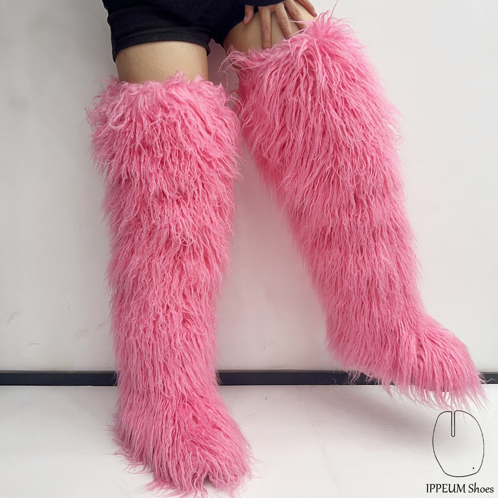 IPPEUM DeepPink Mongolian Fur Boots 72CM Thigh High Boots Shoes Winter Plus Size 46