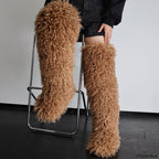 IPPEUM Brown Mocka Mongolian Fur Boots 72CM Thigh High Boots Shoes Winter Plus Size 46