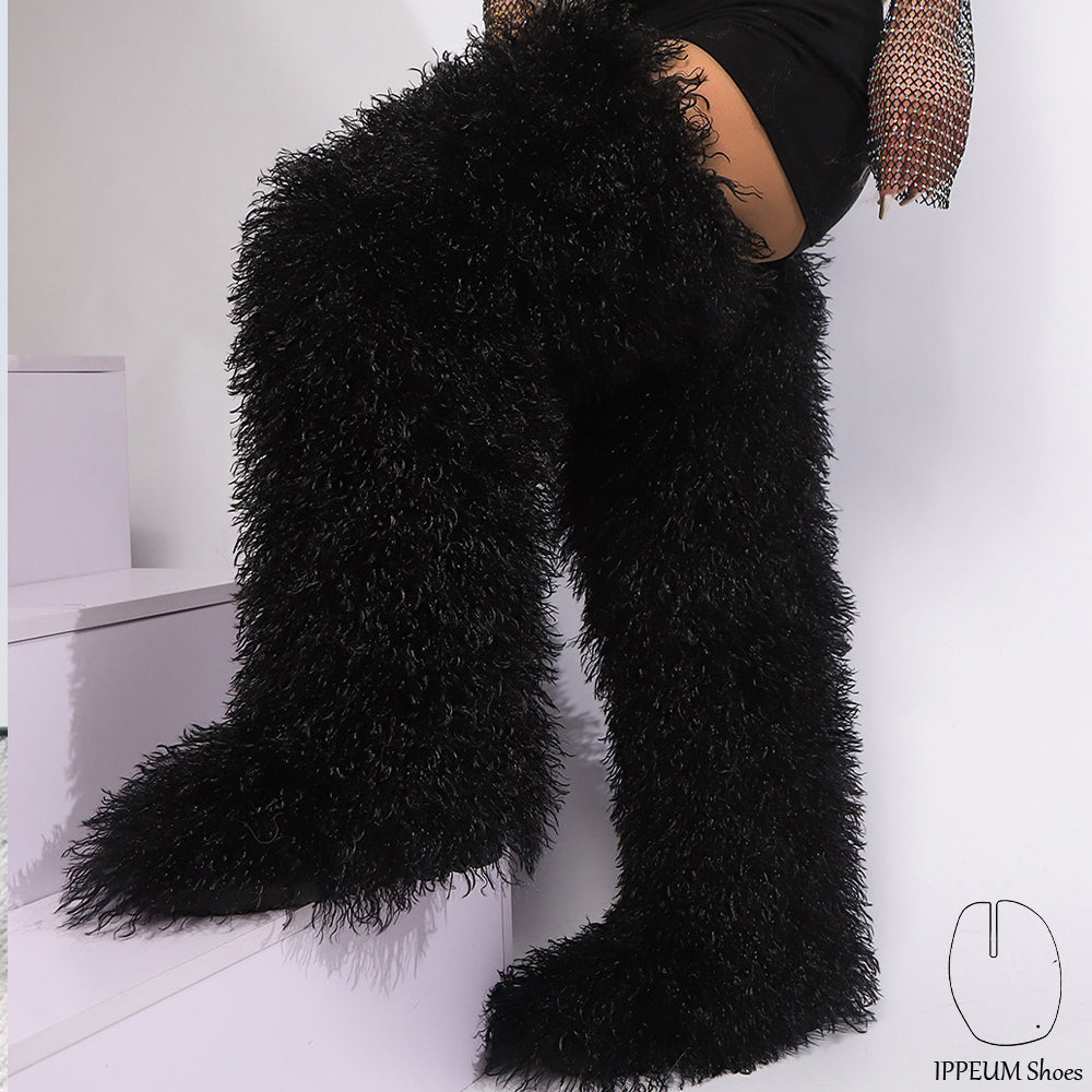 IPPEUM Black Mongolian Fur Boots 72CM Thigh High Boots Shoes Winter Plus Size 46