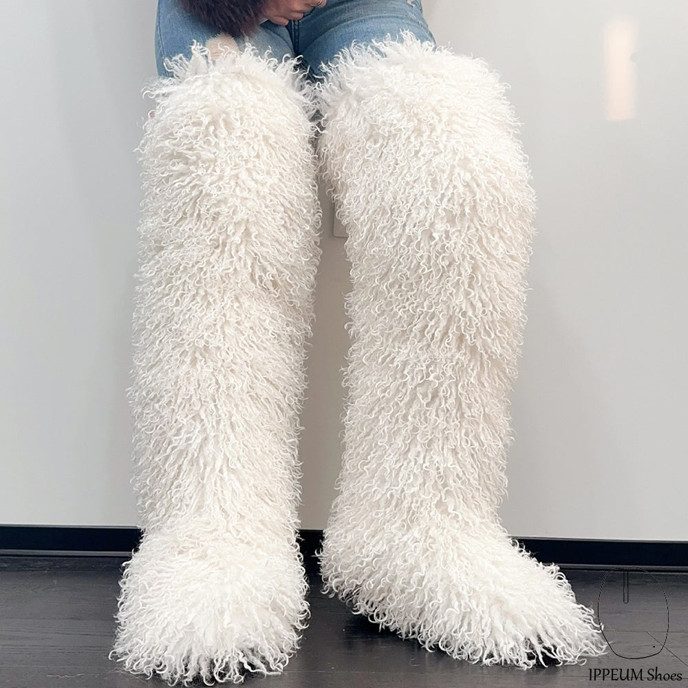 IPPEUM White Mongolian Fur Boots 72CM Thigh High Boots Shoes Winter Plus Size 46