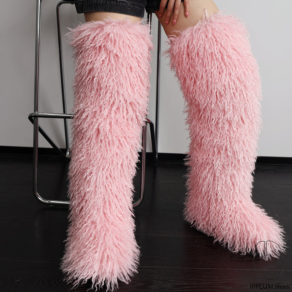 IPPEUM Pink Mongolian Fur Boots 72CM Thigh High Boots Shoes Winter Plus Size 46