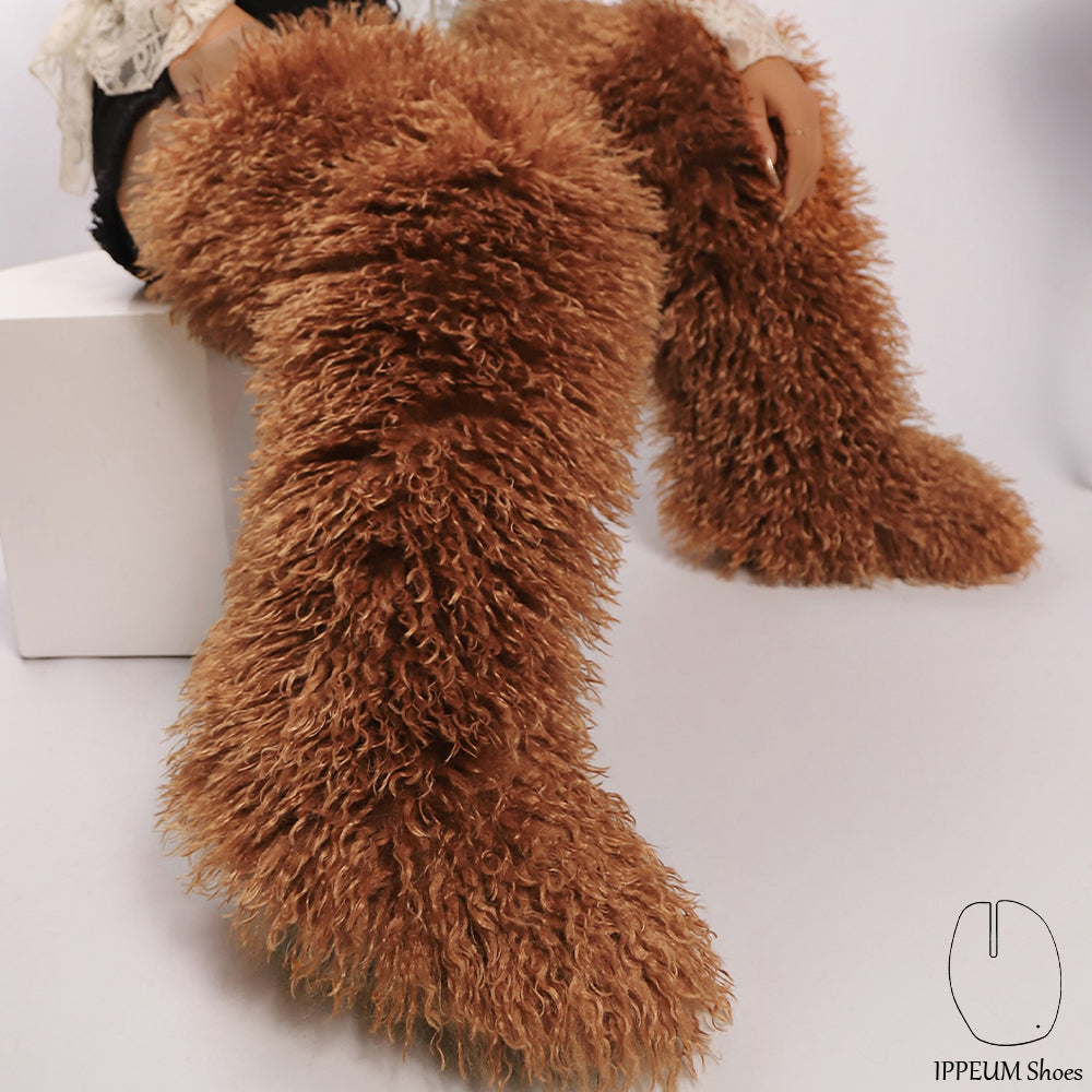 IPPEUM Teddy Bear Brown Mongolian Fur Boots 72CM Thigh High Boots Shoes Winter Plus Size 46