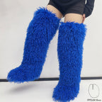 IPPEUM Blue Mongolian Fur Boots 72CM Thigh High Boots Shoes Winter Plus Size 46
