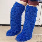 IPPEUM Blue Mongolian Fur Boots 72CM Thigh High Boots Shoes Winter Plus Size 46