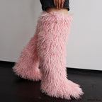 IPPEUM Pink Mongolian Fur Boots 72CM Thigh High Boots Shoes Winter Plus Size 46