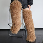 IPPEUM Brown Mocka Mongolian Fur Boots 72CM Thigh High Boots Shoes Winter Plus Size 46