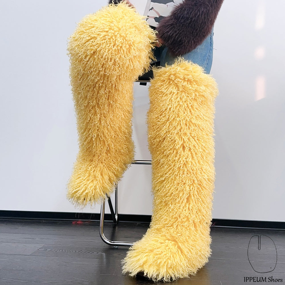 IPPEUM Yellow Mongolian Fur Boots 72CM Thigh High Boots Shoes Winter Plus Size 46