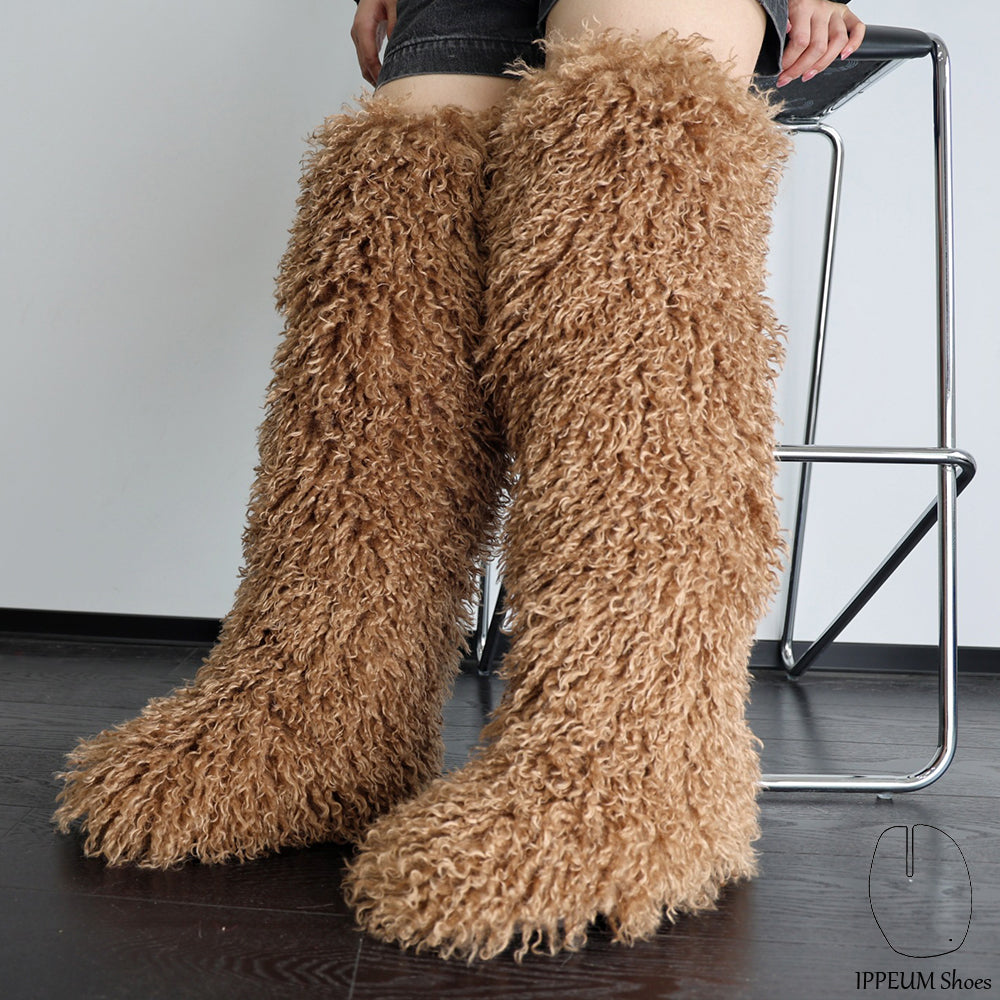 IPPEUM Brown Mocka Mongolian Fur Boots 72CM Thigh High Boots Shoes Winter Plus Size 46